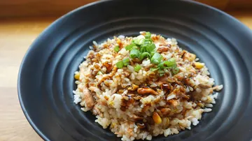Fried rice topped with green onions on plate.