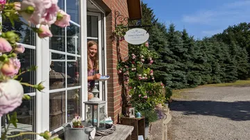 Person holding a cup by a flowered window.
