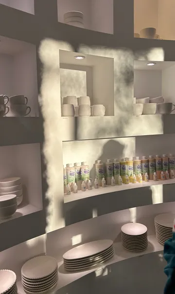 Shelves with ceramic dishes and bottles in sunlight.