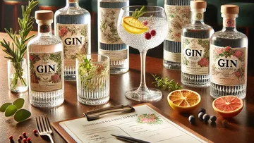 Bottles of gin with garnished cocktail on table.
