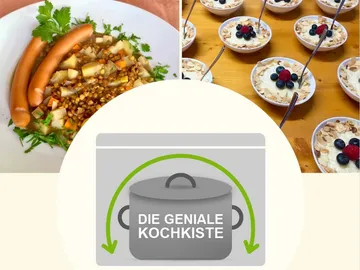 Kochbox zeigt Gerichte: Linsensalat mit Würstchen und Dessert.