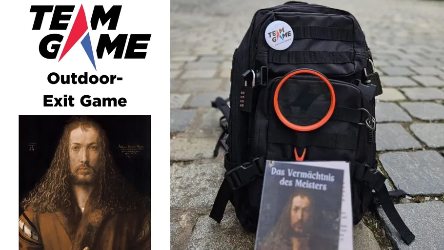 Rucksack mit Spielbuch und TEAMGAME-Logo.