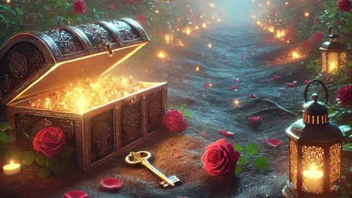 Open treasure chest with glowing gold surrounded by roses.