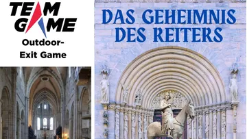 Cathedral interior and statue with game advertisement.