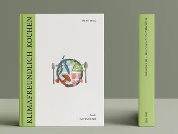 Kochbuch zeigt farbenfrohe Zutaten und umweltfreundliche Rezepte.