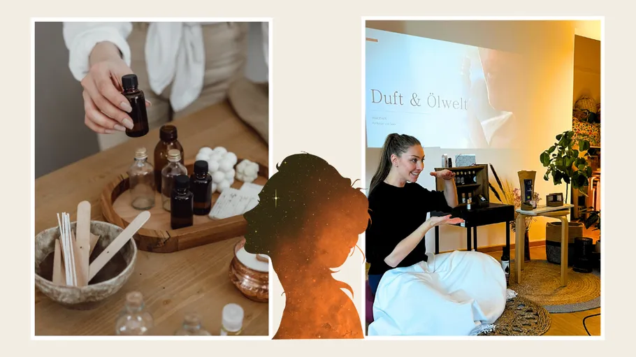 Person holding small bottles, another giving a presentation.