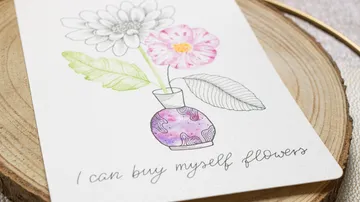 Illustration of colorful flowers in a vase with text.