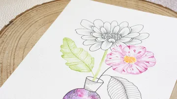 Floral artwork with pen and watercolor accents.