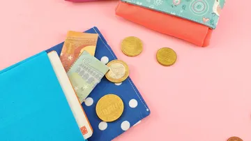 Coins and wallets on pink background
