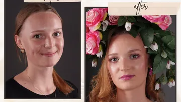 Before and after beauty transformation with flowers.