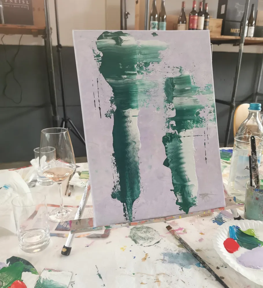 Abstract painting with green strokes on canvas.