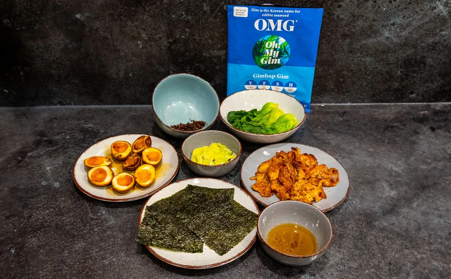 Korean ingredients arranged on plates and bowls.