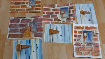 Watercolor paintings of brick and wood textures.