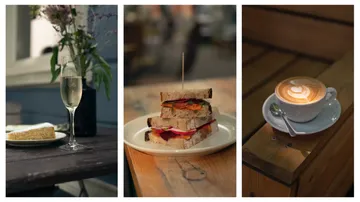 Champagne, sandwich, coffee in different settings.