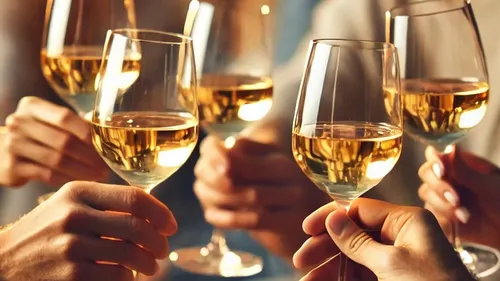 Hands holding wine glasses in celebration.