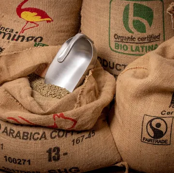 Burlap coffee sacks with metal scoop, indoors.