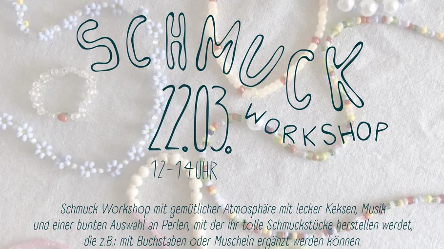 Jewelry on fabric, workshop text overlay.