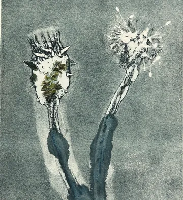 Two abstract flowers with textured background.