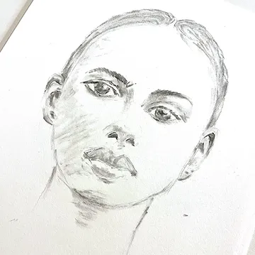 Pencil sketch of a person's face, frontal view.