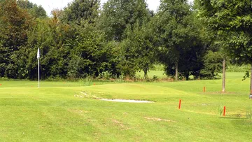 Golfplatz mit Grün, Bäumen und Fahne.
