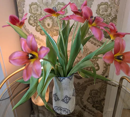 Pink tulips in a decorative vase indoors.