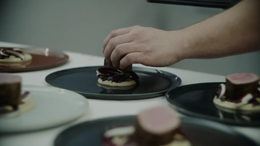 Hand placing food on a plate.