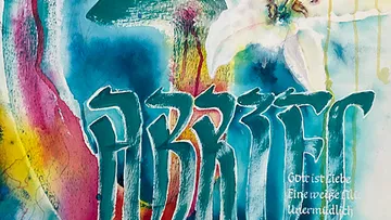 Colorful abstract painting with German text.