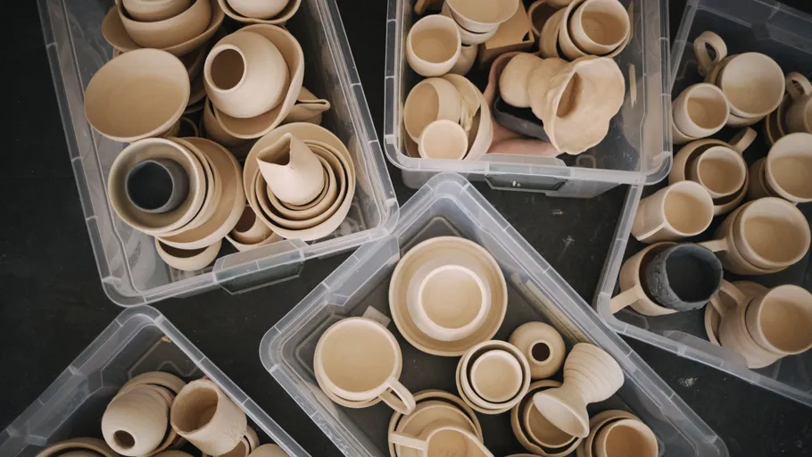 Unglazed pottery stacked in clear plastic bins.