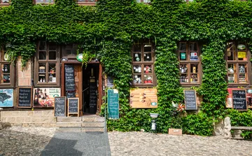 Ivy-covered building with menu boards outside entrance.