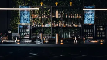 Modern bar with bottles and shelves.