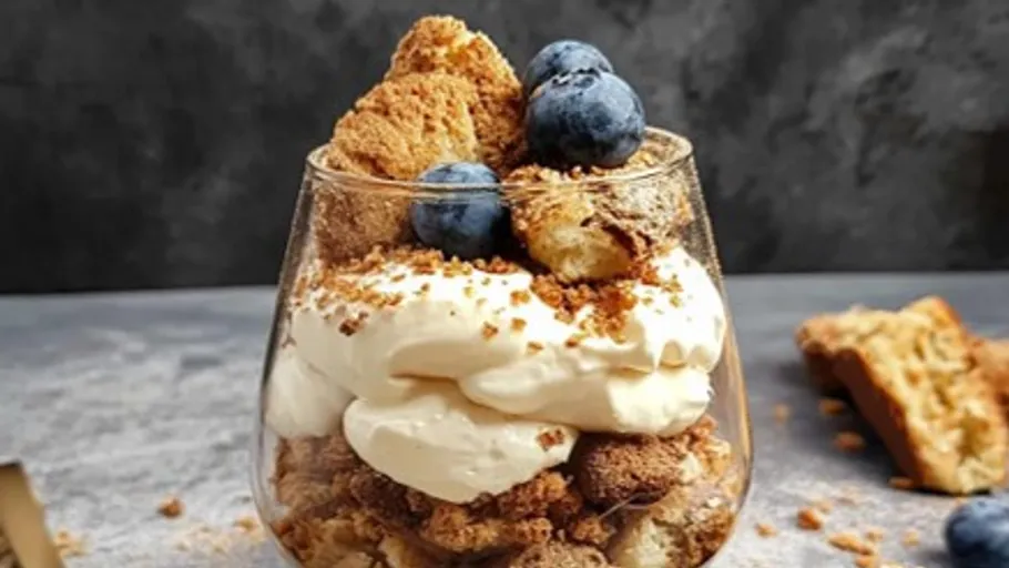 Glass of dessert with blueberries and cream.