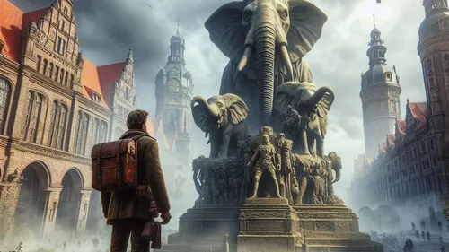 Mann bewundert riesige Elefantenstatue im historischen Platz.