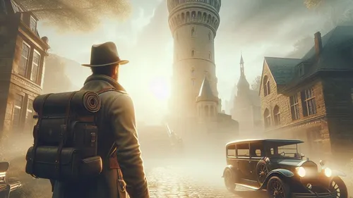 Mann mit Rucksack vor Turm auf nebliger Straße.