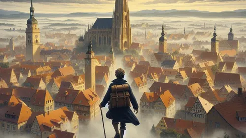 Mann geht auf neblige Stadtlandschaft zu.