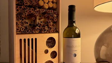 Wine bottle beside insect hotel on table.