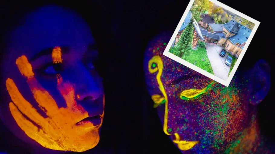 Faces with neon paint, dark background.