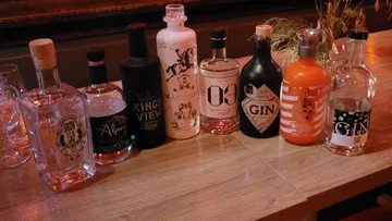 Various gin bottles displayed on wooden table.