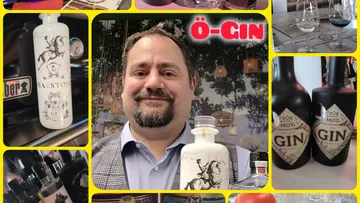 Man holding a bottle of gin, various gin bottles.