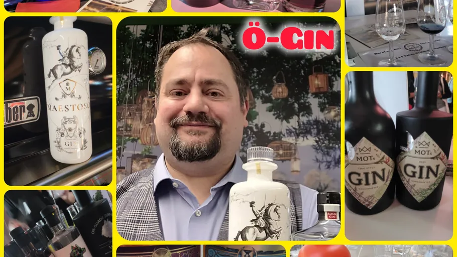 Mann hält eine Gin-Flasche, verschiedene Gin-Flaschen.