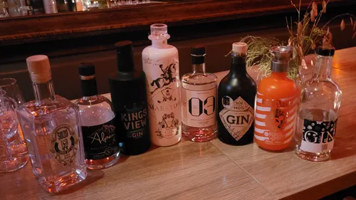 Various gin bottles on a wooden bar.