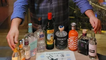 Person arranging gin bottles on a table.
