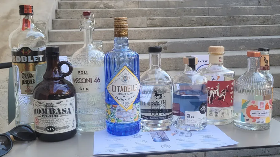 Various gin bottles displayed on a table.