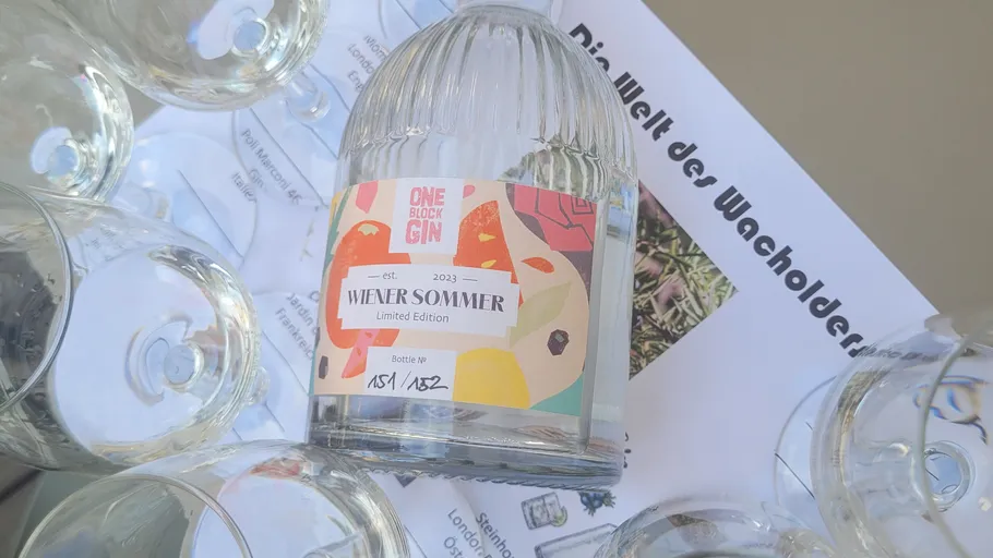 Bottle labeled 'Wiener Sommer' with glasses nearby.