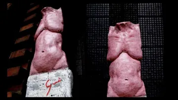 Pink torso sculptures against a dark background.