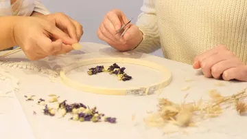 Hände arrangieren Blumen im Stickrahmen.
