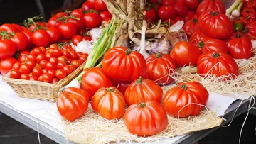 Verschiedene Tomaten auf einem Marktstand ausgestellt.