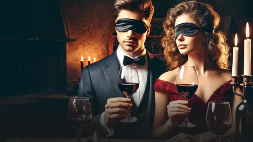 Blindfolded couple drinking wine in candlelit room.