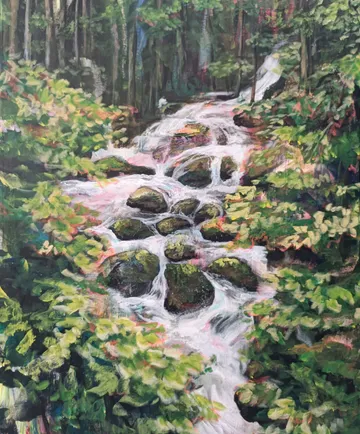 Painting of forest stream with rocks.