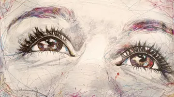 Close-up drawing of expressive eyes.