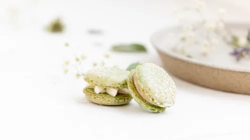 Grüne Macarons auf weißer Oberfläche mit Teller.